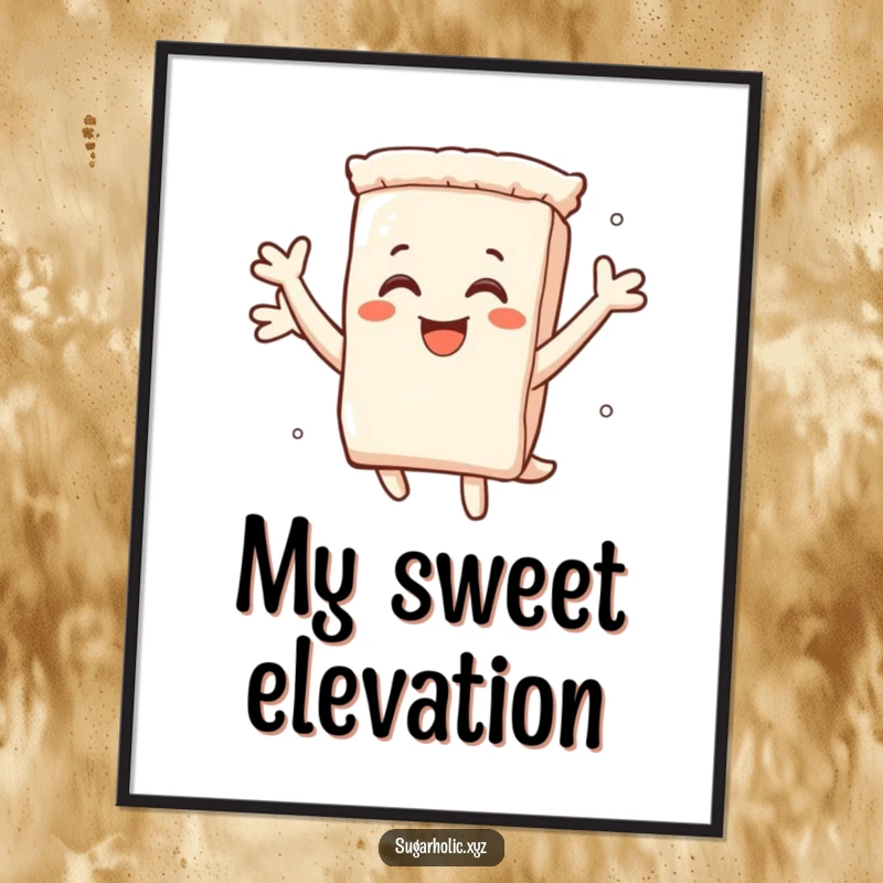 Funny digital art print of a smiling sugar packet character leaping with pure delight, radiating sweet energy.