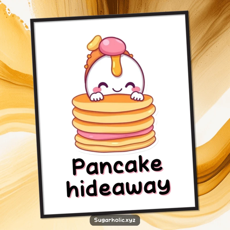 Funny digital art print of a smiling candy character peeking from behind a stack of pancakes, a breakfast delight.