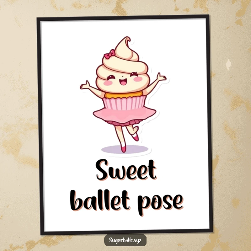 Funny digital art print of a delighted cupcake character in a graceful ballet twirl, perfect for instant download and elegant, sweet wall decor.