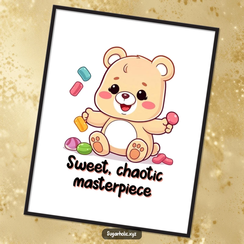 Funny Gummy Bear Digital Art Print: A gummy bear with a sticky grin hilariously juggles candies, capturing a moment of pure, sweet fun.