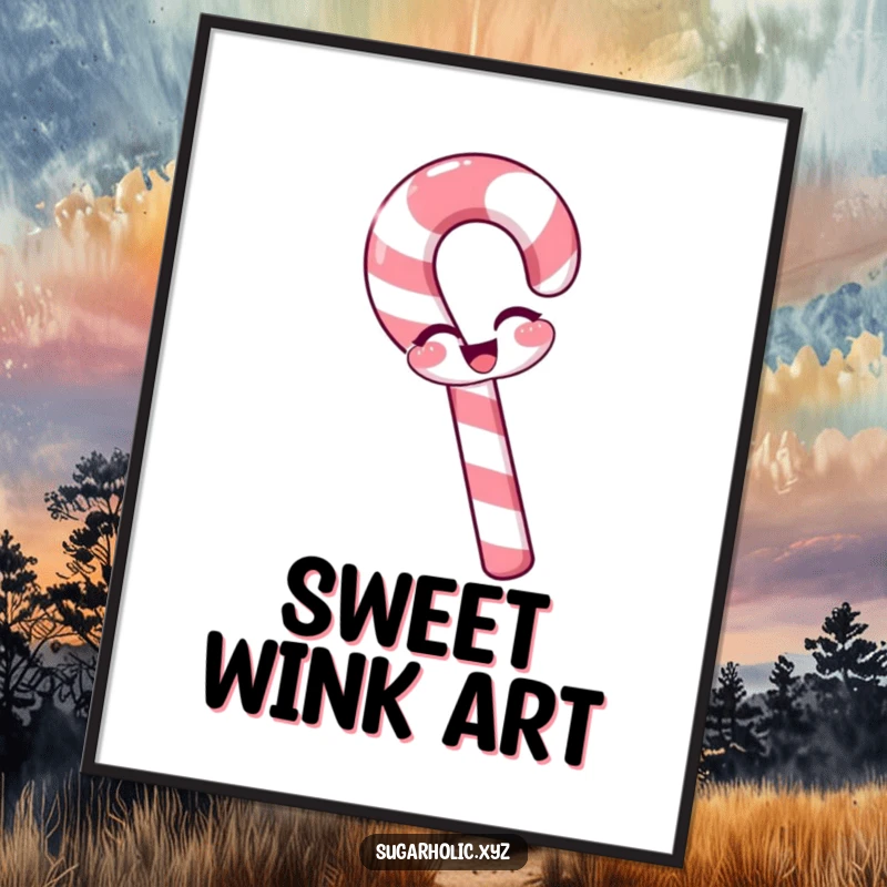 Funny candy cane digital art with a slight bend, winking playfully, printable humor, festive decor, funny gift.