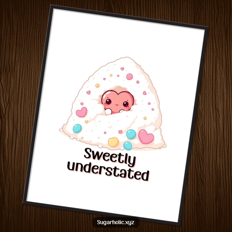 Funny digital art print of a shy candy heart character peeking from behind a large sugar pile, perfect for charming decor.