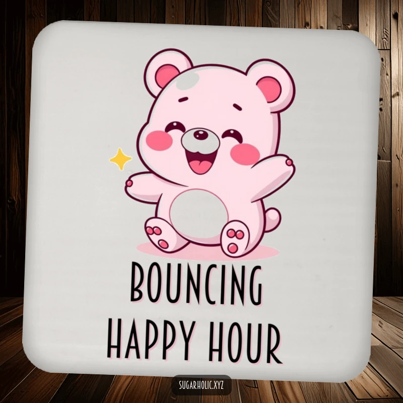 Funny coaster featuring a grinning gummy bear in an energetic bounce, adding a touch of playful fun to any table setting.