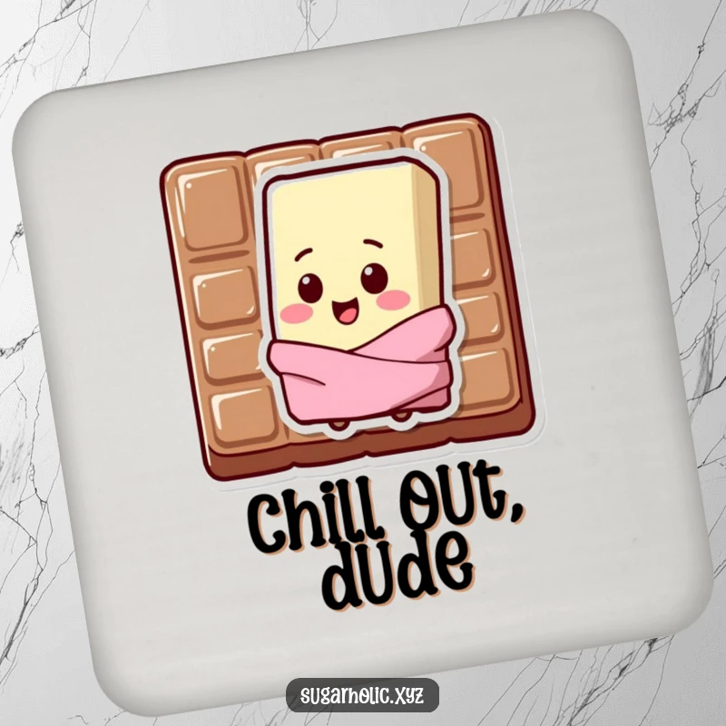 Funny Coaster featuring a sweating chocolate bar character with a happy chip on its shoulder.