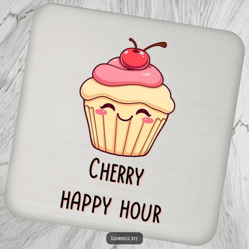 Funny bouncing cupcake coaster featuring a smiling cupcake with a cherry on top, joyfully bouncing with delight, a cute and functional accessory.