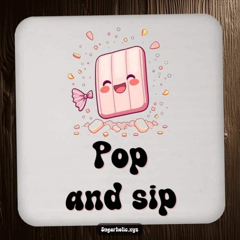 Funny whimsical candy bar shattering into sparkling sugar particles on a drink coaster, protecting surfaces with humor and dazzling charm.