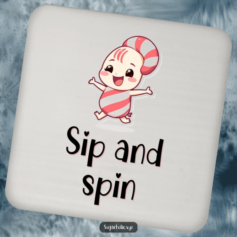 Funny grinning candy cane character doing a playful spin on a protective drink coaster, adding festive humor.