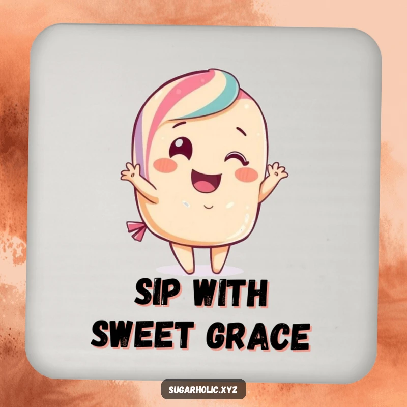 Funny candy coaster with a smiling candy character performing a flamboyant curtsy. Protects surfaces with sweet elegance and humor.