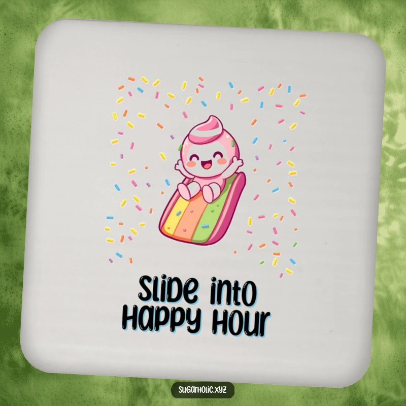 Funny Coaster: Candy character gleefully slides down a rainbow sprinkle slide, protecting surfaces with sweet adventure.