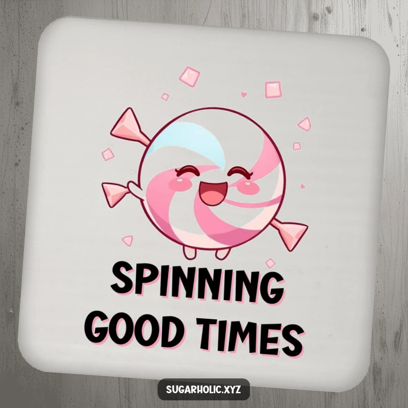 Funny drink coaster featuring a delighted candy twirling in sweet crystals, adding sweet flair.