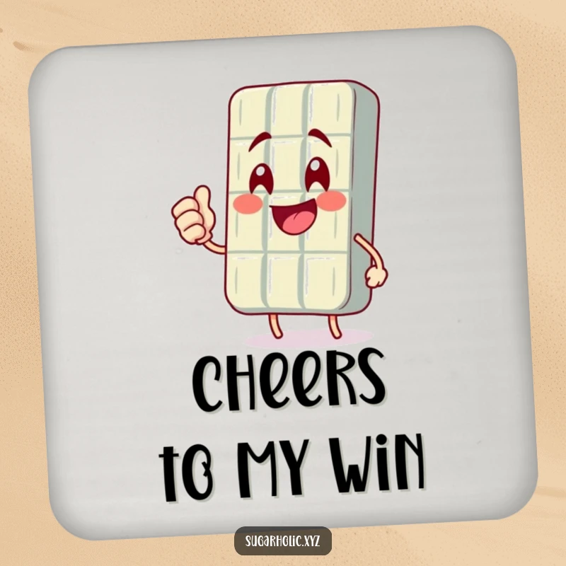 Funny coaster featuring a smiling chocolate bar character giving a celebratory fist pump, protecting your surfaces with style.