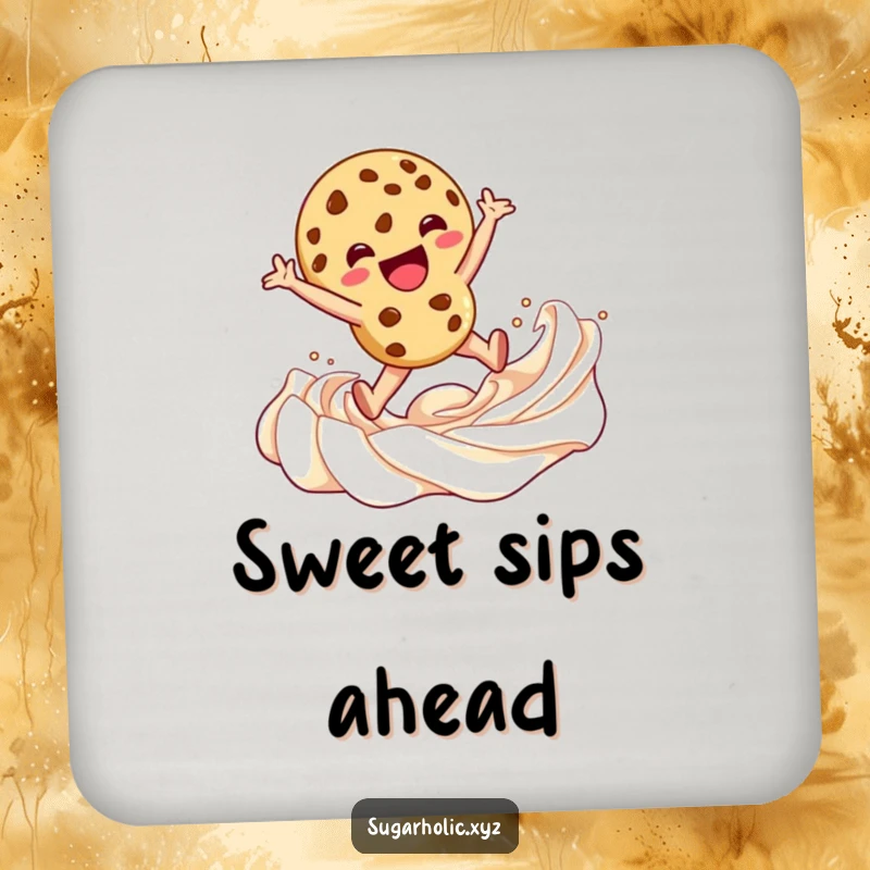 Funny Drink Coaster featuring a cookie character leaping into a swirl of frosting, adding a sweet and humorous touch to drink service.
