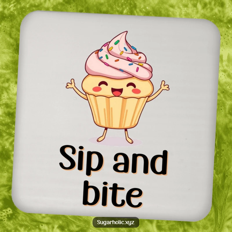 Funny Cupcake Coaster: A happy, sprinkled cupcake bounces and offers a bite, protecting surfaces with a sweet and humorous design.