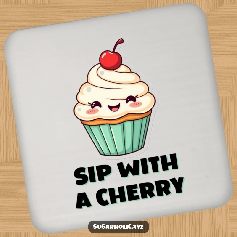 Funny drink coaster of a cheerful cupcake with a cherry, happily cheering.