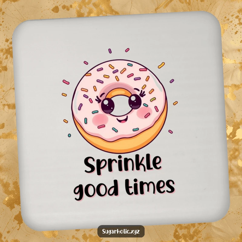 Funny Coaster: Smiling donut character with a delightful explosion of colorful sprinkles, protecting surfaces sweetly.