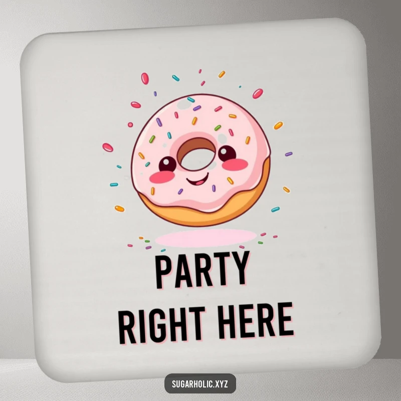 Funny giddy doughnut coaster, with sprinkles flying wildly, adding humorous protection to surfaces and as a gift.