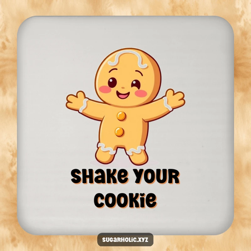 Funny drink coaster of a smiling gingerbread cookie character doing a happy jig.