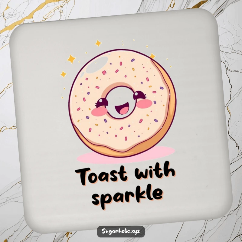 Funny sparkling donut character joyfully sprinkling glitter on a protective drink coaster, adding sweet humor.