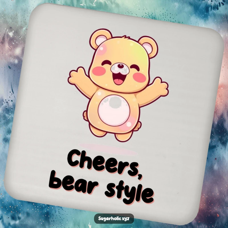 Funny gummy bear coasters depicting a delighted character mid-celebratory jump, adding a touch of joyful humor.