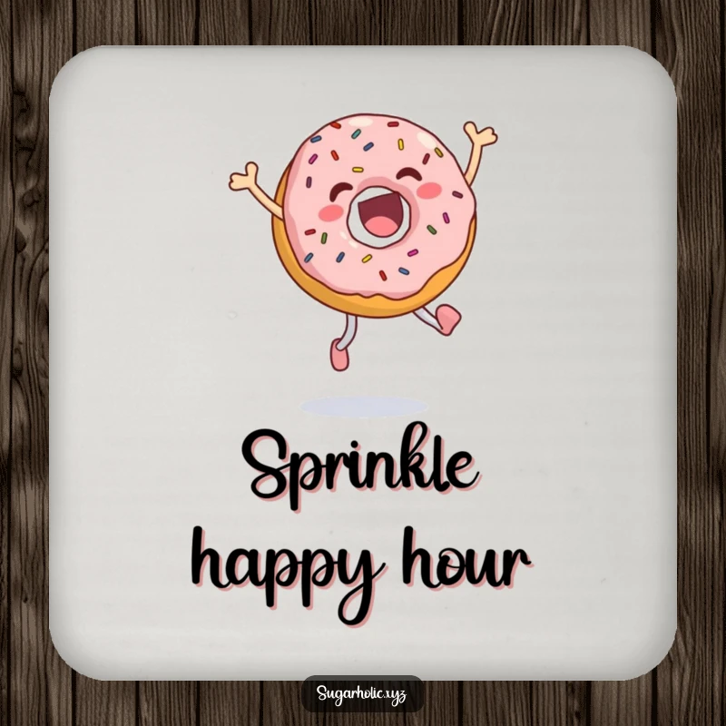 Funny jumping donut coaster featuring an ecstatic donut with sprinkles, captured mid-joyful leap, a cute and functional accessory.