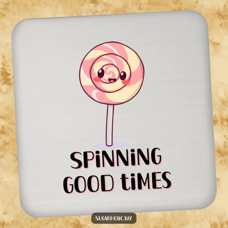 Funny giggling lollipop with a swirl pattern doing a cartwheel on a drink coaster, protecting surfaces with humor and playful charm.