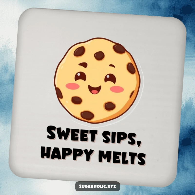 Funny coaster with a cheerful chocolate chip cookie character, smiling warmly and melting with happiness.