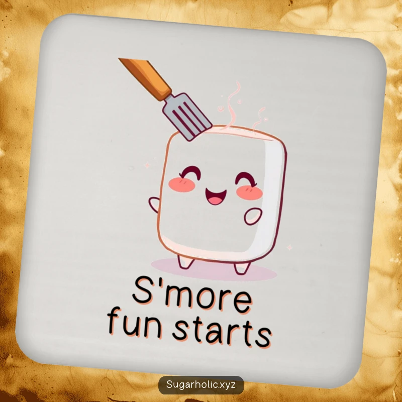 Funny coaster showcasing a cheerful, blushing marshmallow being toasted, offering surface protection with charm.
