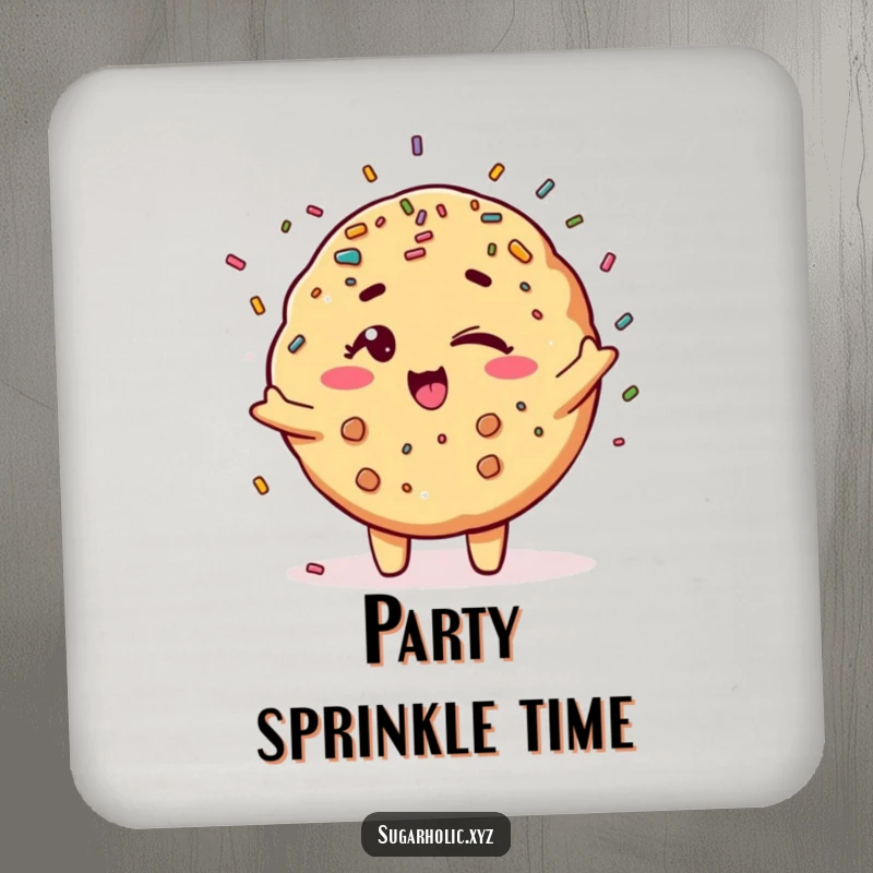 Funny winking cookie character showering sprinkles, a cute and protective drink coaster set.