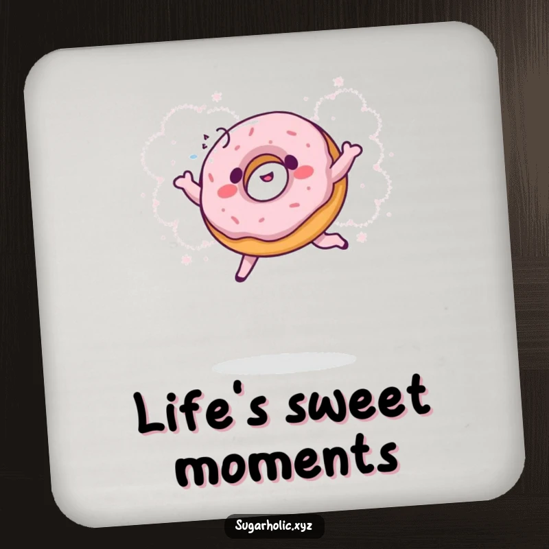 Funny donut coaster depicting a giggling donut jumping into a cloud of powdered sugar, a functional and humorous tabletop accessory.