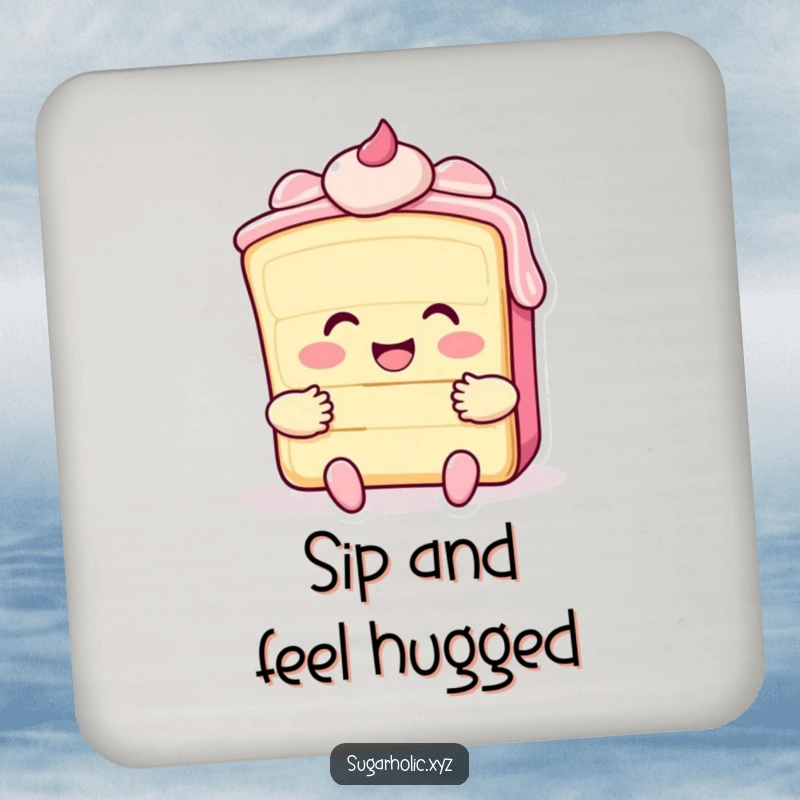 Funny drink coaster with a smiling cake slice and frosting giving a big hug, perfect for protecting surfaces sweetly.