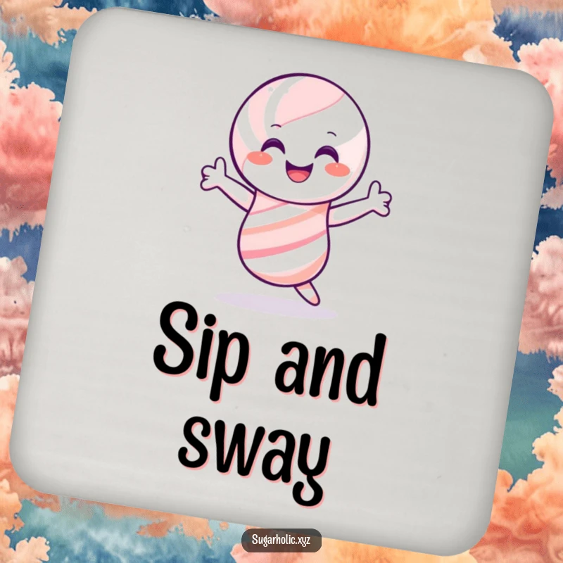 Funny candy cane coaster, smiling and shimmying joyfully, adding humorous festive protection to surfaces and as a gift.