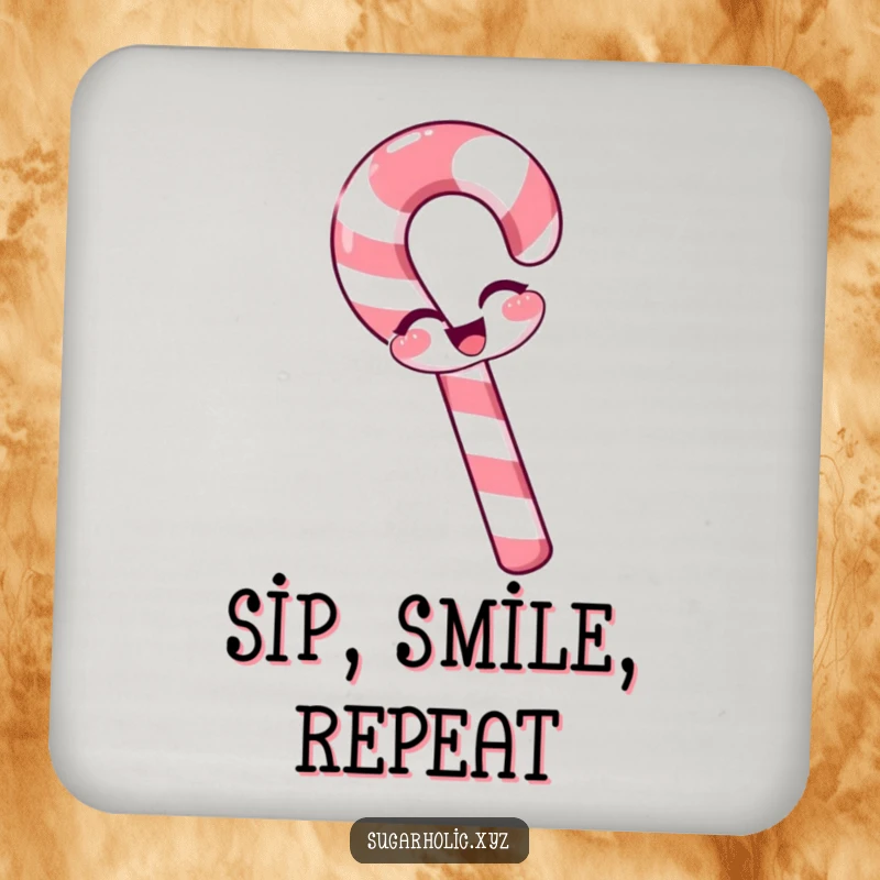 Funny candy cane coaster with a slight bend, winking playfully, protects furniture, festive decor, funny gift.