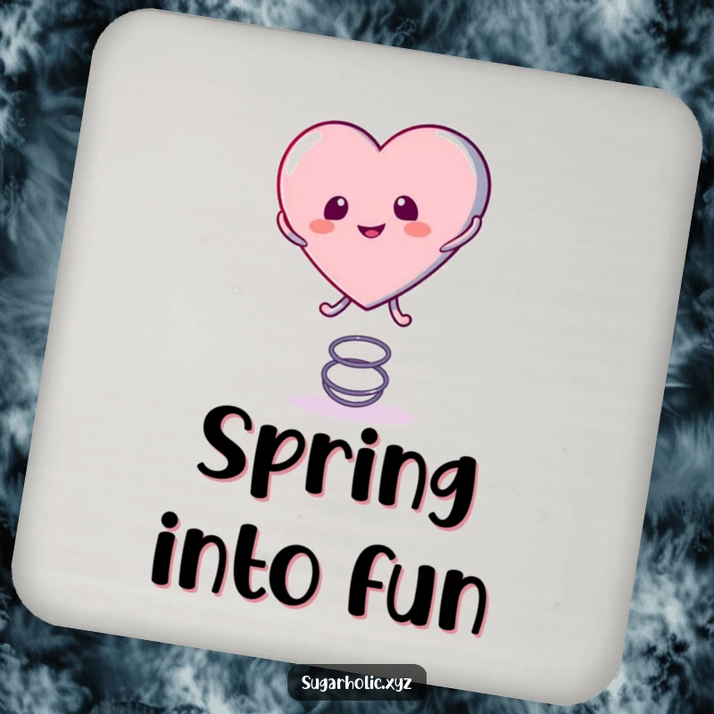 Funny Drink Coaster featuring a candy heart character playfully bouncing on a spring, adding a cheerful and playful touch to drink service.