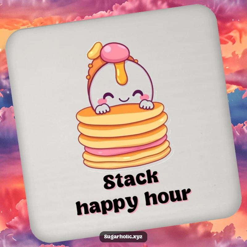 Funny drink coaster featuring a candy character peeking from pancakes, adds a touch of breakfast humor.