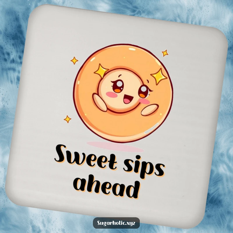Funny coaster featuring a caramel swirl character with wide, starry eyes, happily spinning around, protecting your furniture.