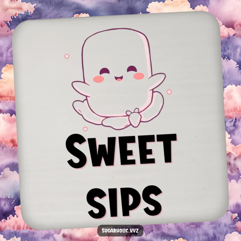 Funny drink coasters featuring a happy marshmallow character floating on a sugary breeze, protecting surfaces with sweet, whimsical flair.