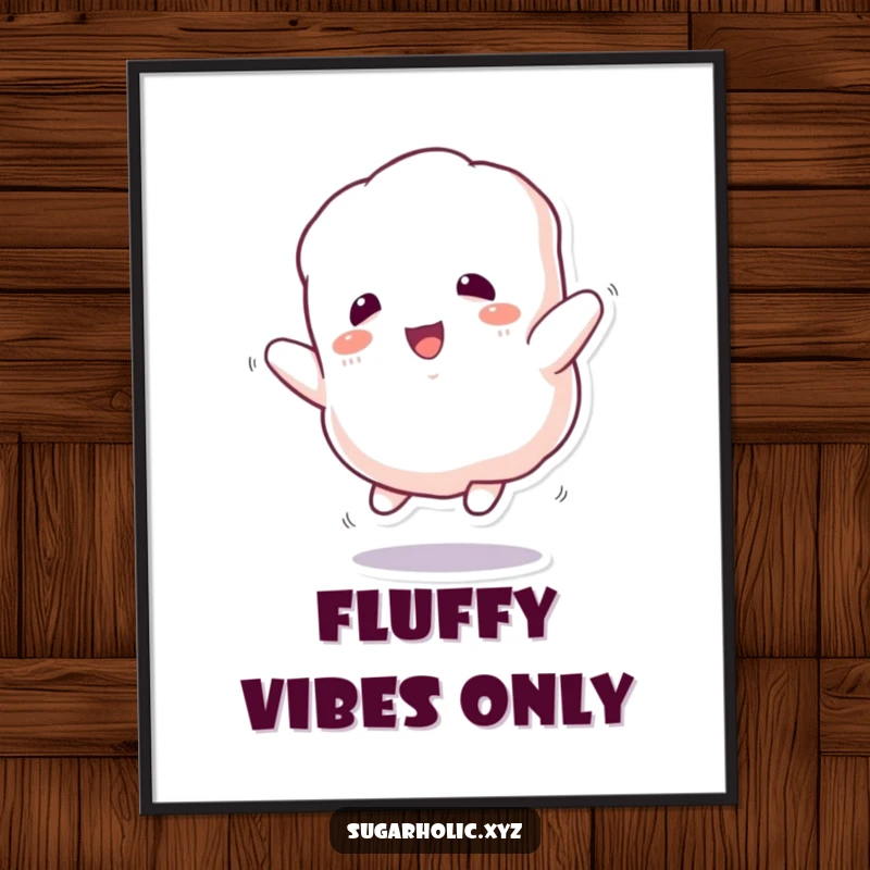 Funny Poster: A cute, fluffy marshmallow character bounces with pure, unadulterated enthusiasm and joy.