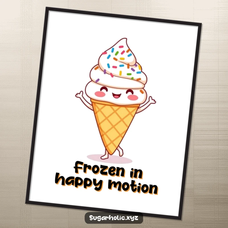 Funny ice cream cone poster depicting a happy, jigging ice cream cone with sprinkles, a captivating piece of humorous art.