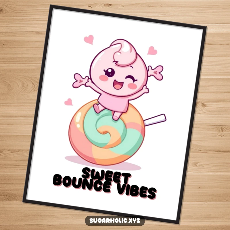 Funny Poster: Cheerful candy character bounces with glee on a massive lollipop, a vibrant and joyful piece of art.