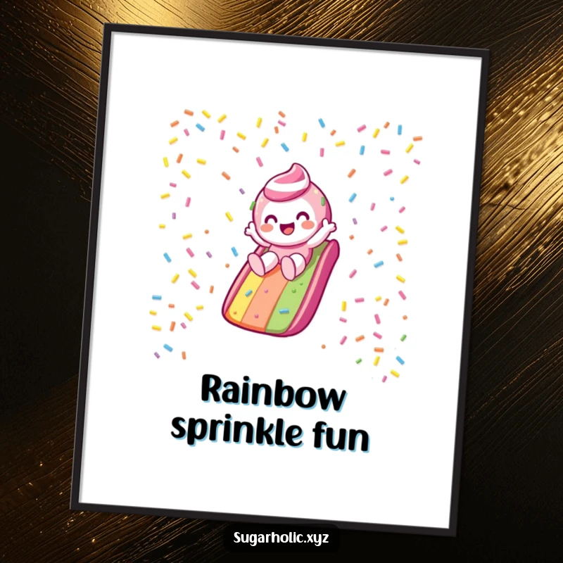 Funny Poster: Candy character gleefully slides down a dazzling rainbow sprinkle slide, a vibrant and joyful piece of art.