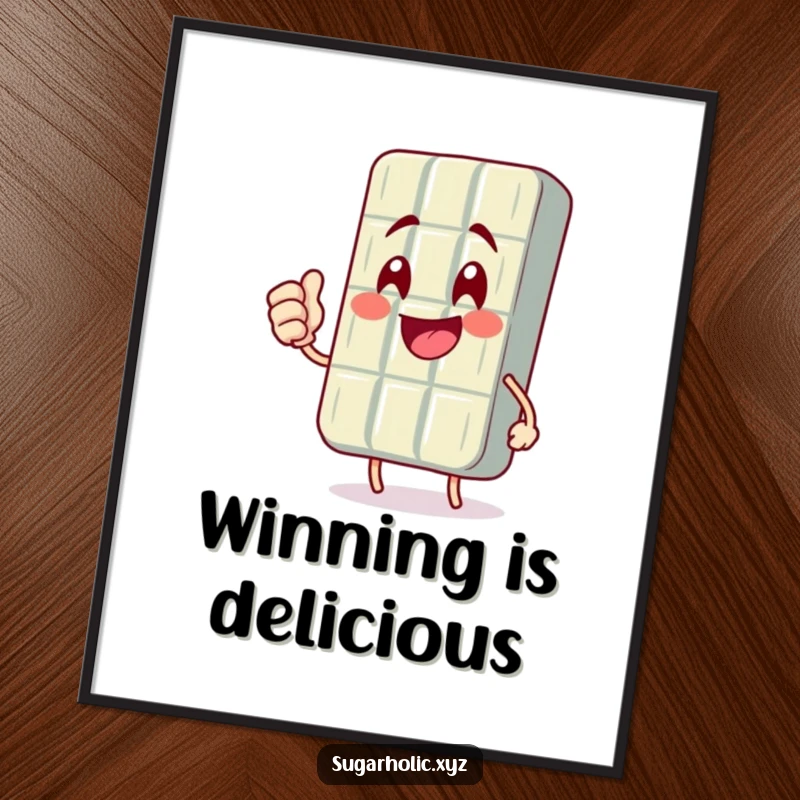 Funny poster print of a smiling chocolate bar character performing a strong, celebratory fist pump, radiating achievement.