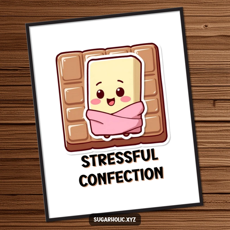 Funny Poster of a sweating chocolate bar character with a happy chip on its shoulder.