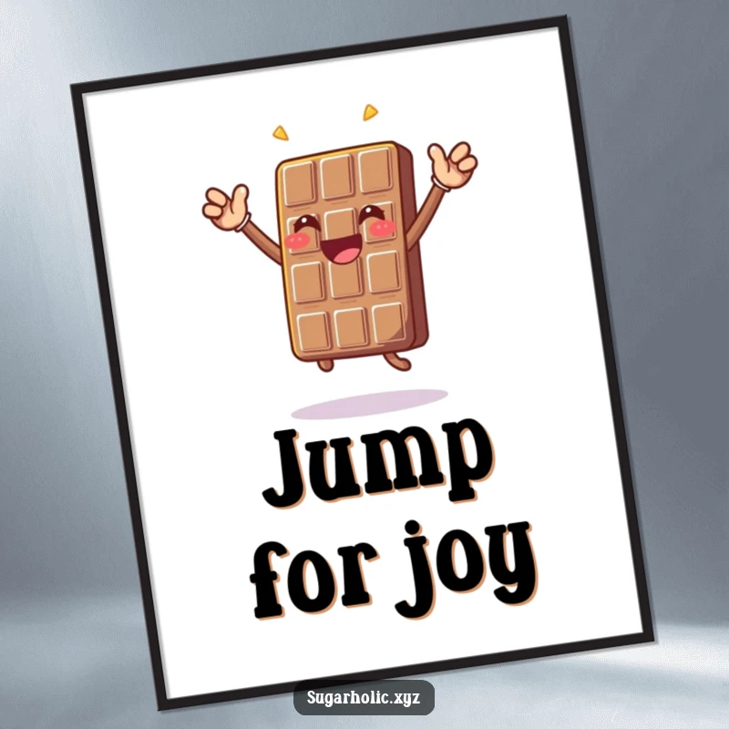 Funny chocolate bar character doing a celebratory jump, designed as a vibrant and humorous wall art print.