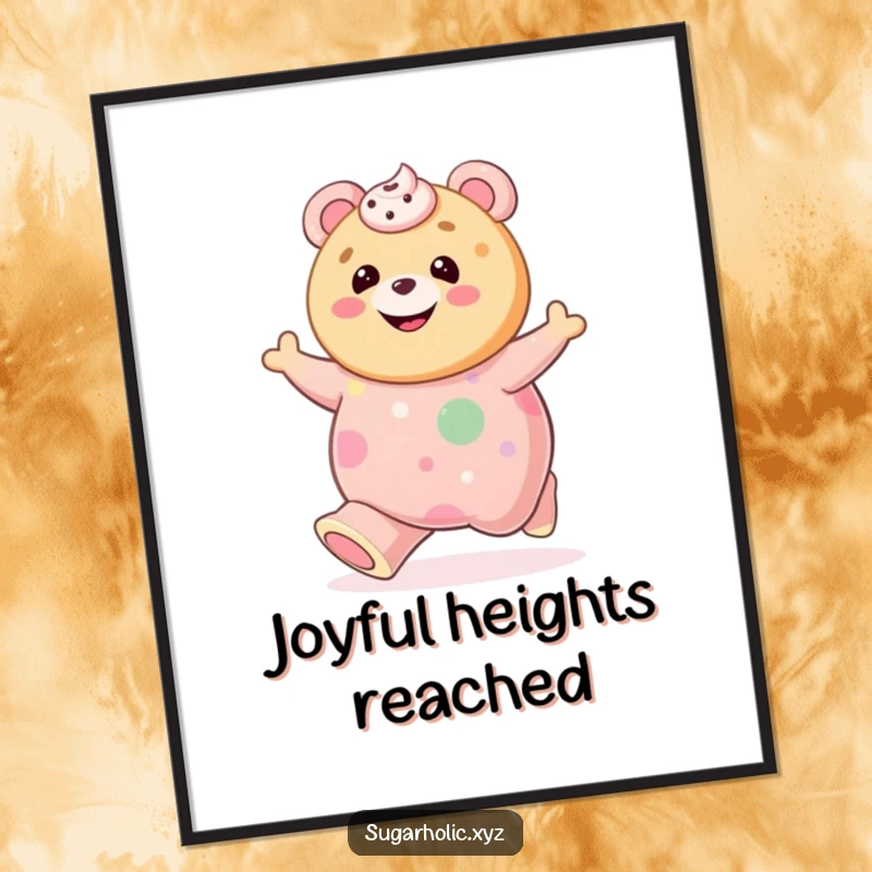 Funny cookie with frosting smile gleefully bouncing on a giant gummy bear, presented as joyful wall art for a cheerful space.