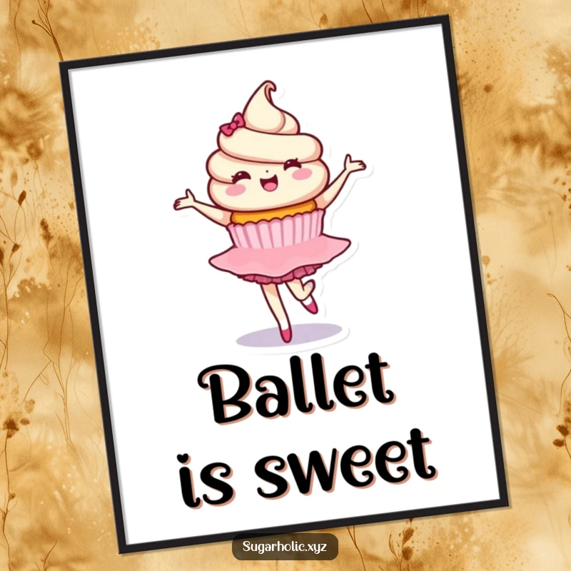 Funny poster print of a delighted cupcake character in a graceful ballet twirl, adding a touch of sweet artistry and elegant movement to decor.
