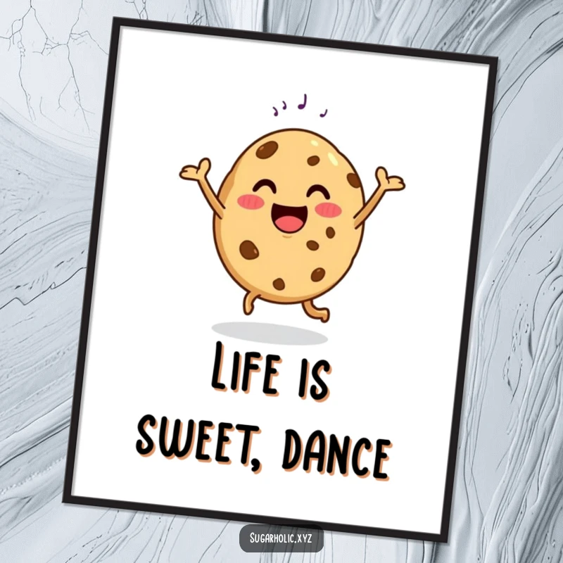 Funny poster art featuring a happy cookie doing a delighted dance with a sugar sprinkle, adding sweetness.
