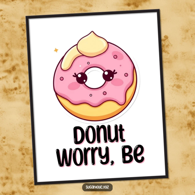 Funny Poster capturing a beaming donut character with slightly melting frosting, celebrating sweetness and pure, simple joy.