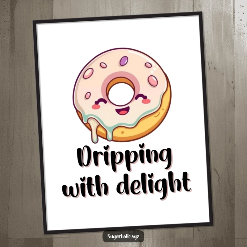Funny Donut Poster: A delighted donut illustration with a glaze drip wiggles with glee, perfect for sweet wall art.