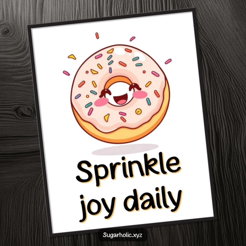Funny doughnut poster with sprinkles, bouncing with pure sugary joy, vibrant and cheerful wall art, makes a great funny gift.