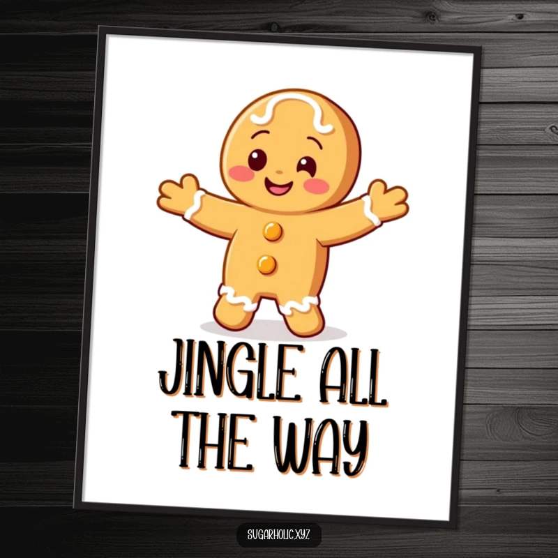 Funny poster of a smiling gingerbread cookie character performing a joyful, happy jig.